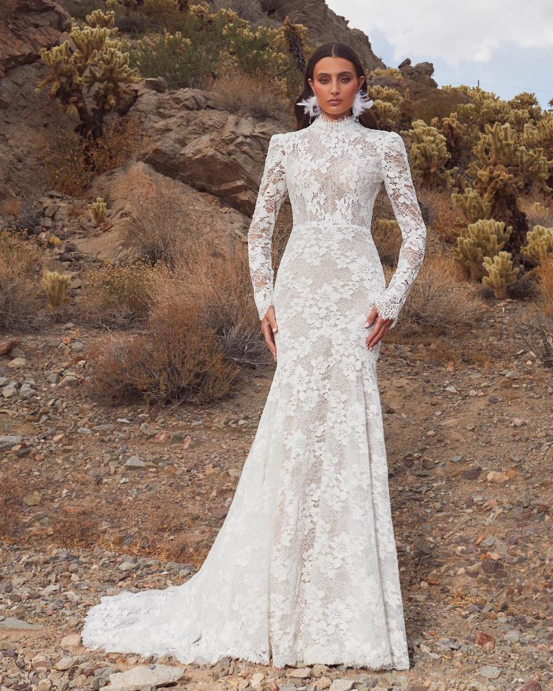 Lp2417 long sleeve high wedding dress with lace and mermaid silhouette2